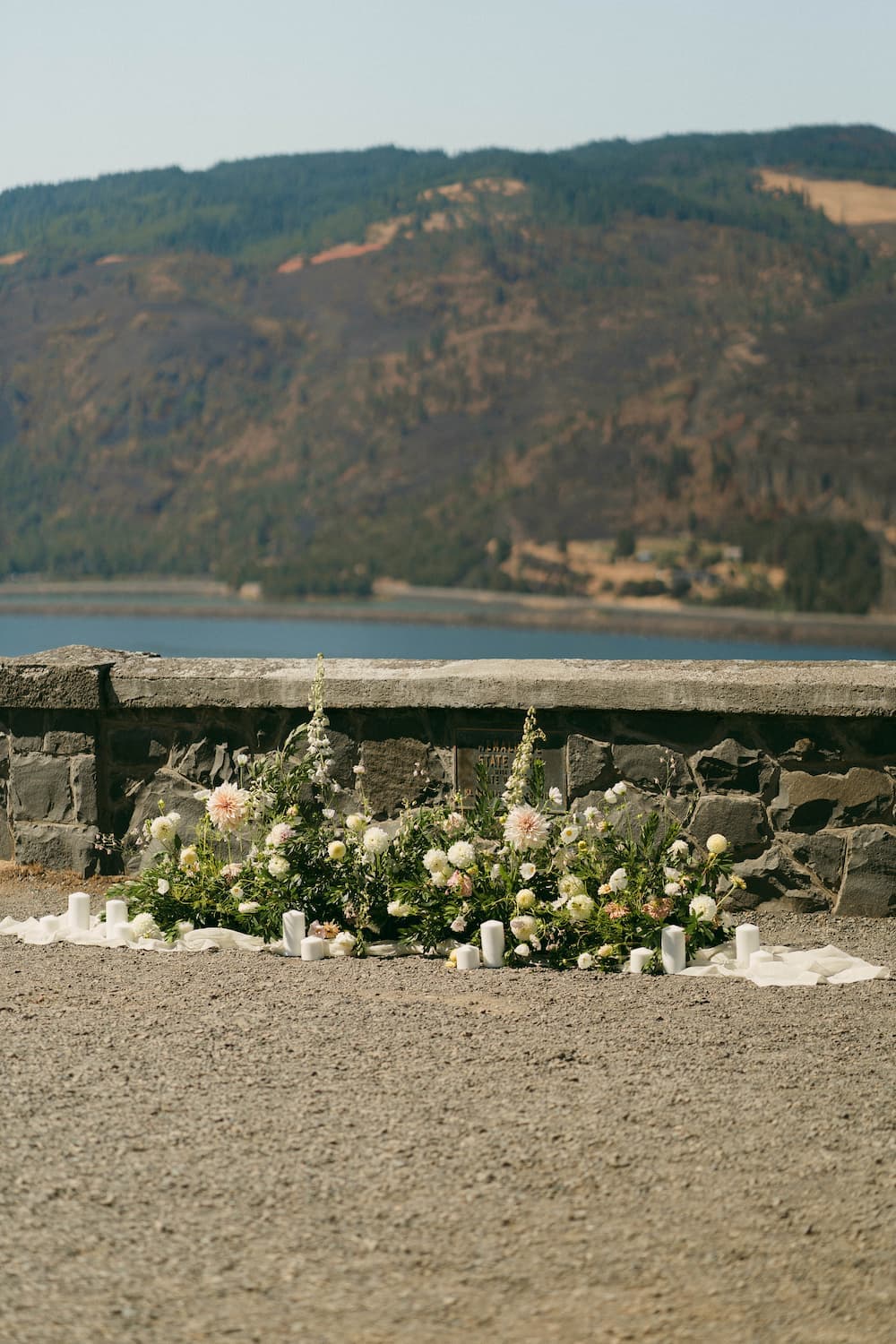 Flower arrangement at the proposal overlooking the Columbia River Gorge
