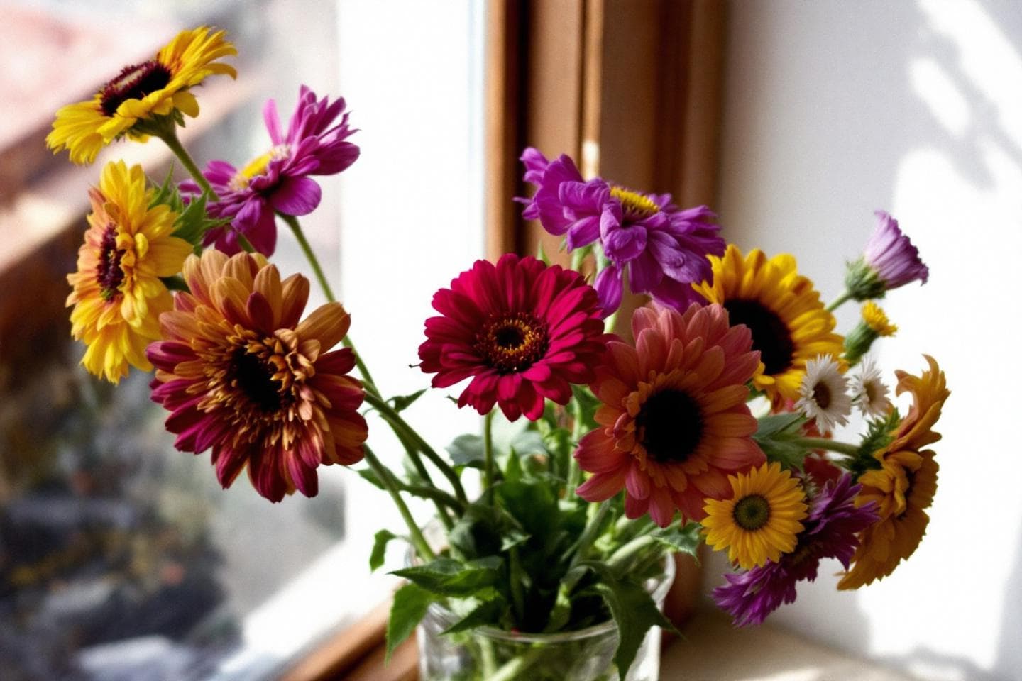 Simple mixed bouquet of zinnias, sunflowers, and daisies in a glass vase on kitchen windowsill