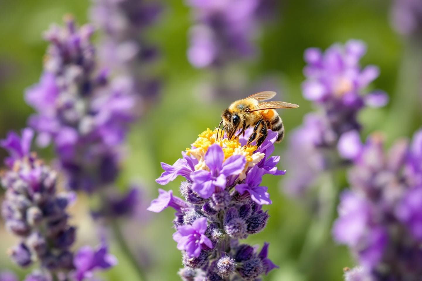 Bee pollinating colorful garden flowers