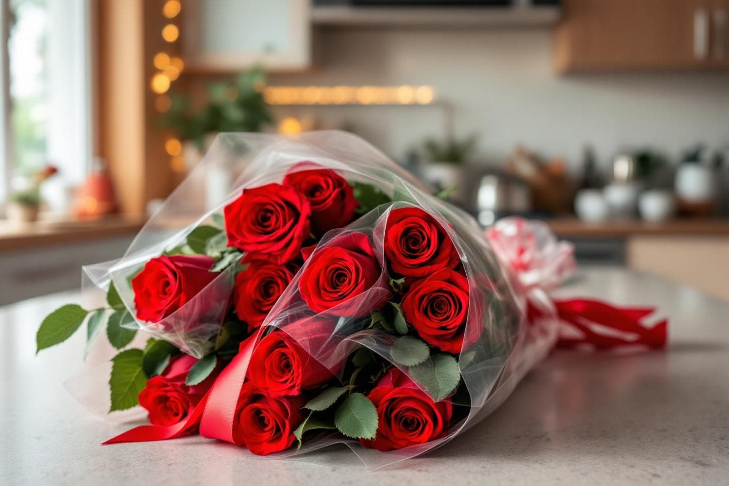 Dozen red roses in cellophane wrapper on kitchen counter