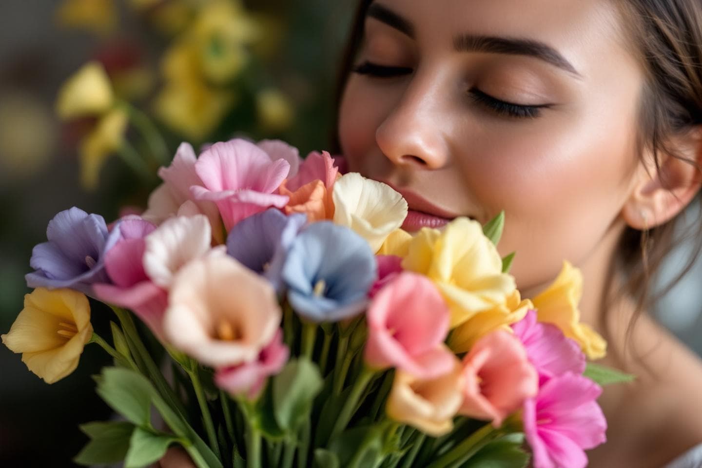 Hands holding sweet peas and gardenias near face smelling them