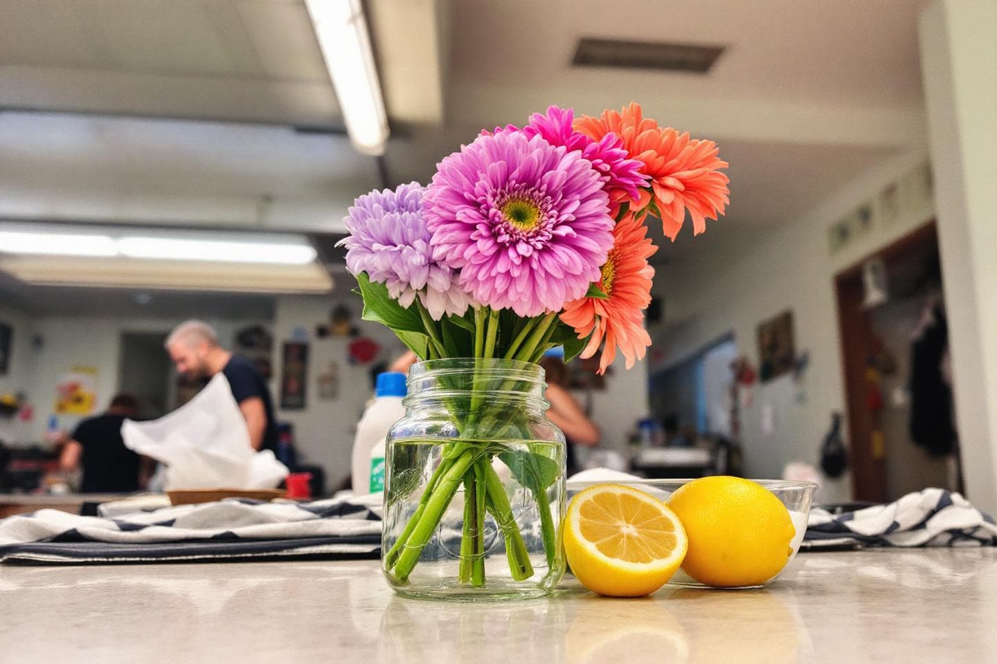Cut flowers in mason jar with lemons on kitchen counter
