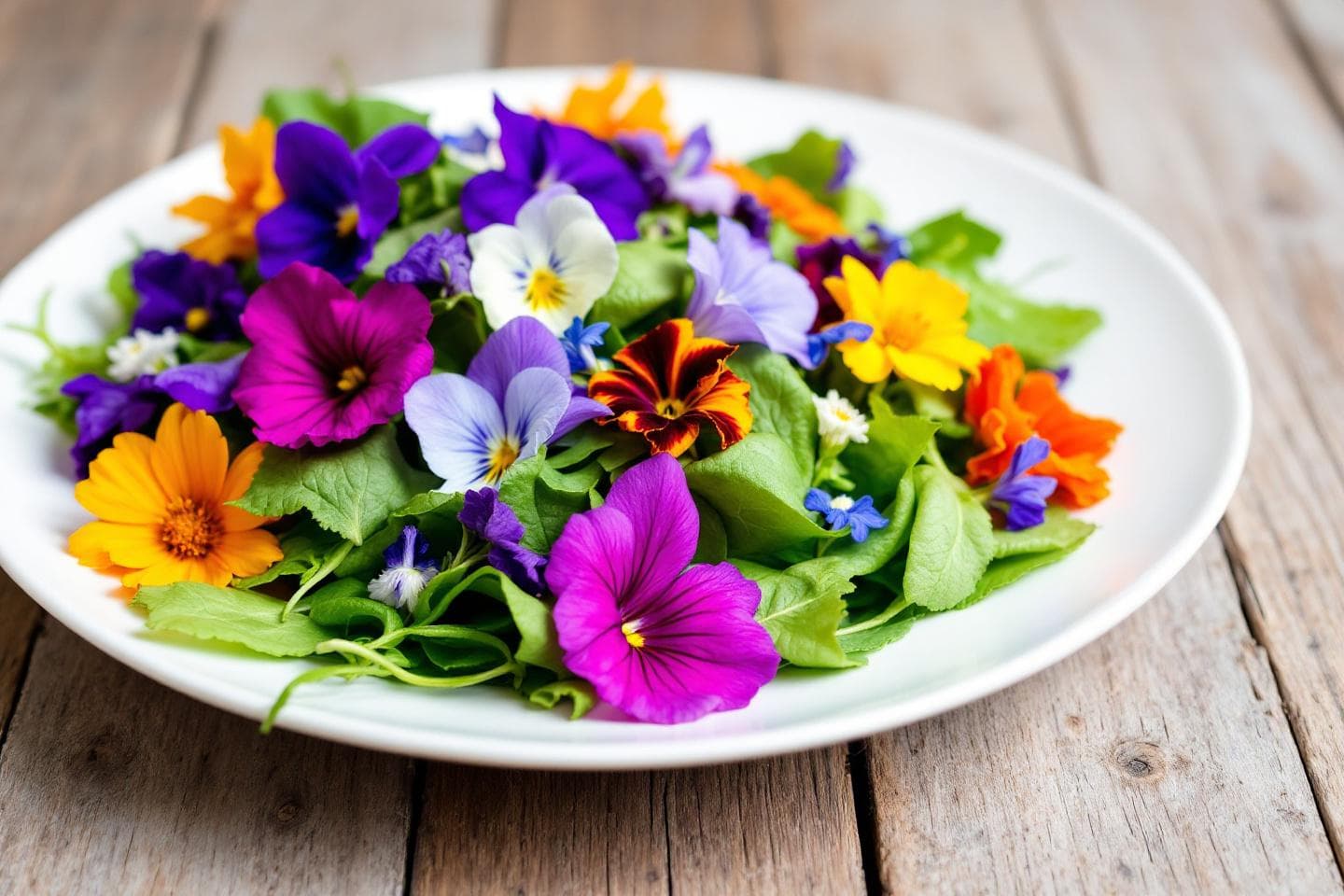 Salad with edible flowers like nasturtiums and pansies