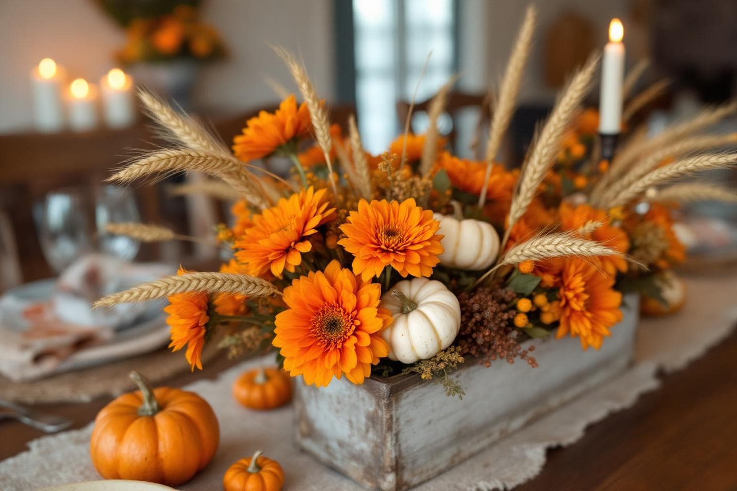 Fall centerpiece with orange mums, wheat stalks, and small pumpkins on dining table