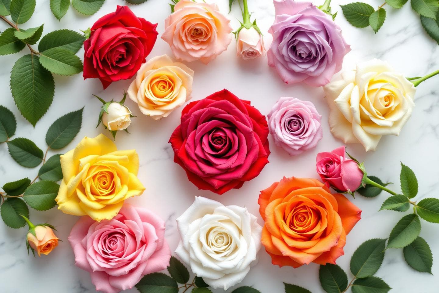 Different colored roses arranged in a circle - red, white, yellow, pink, orange