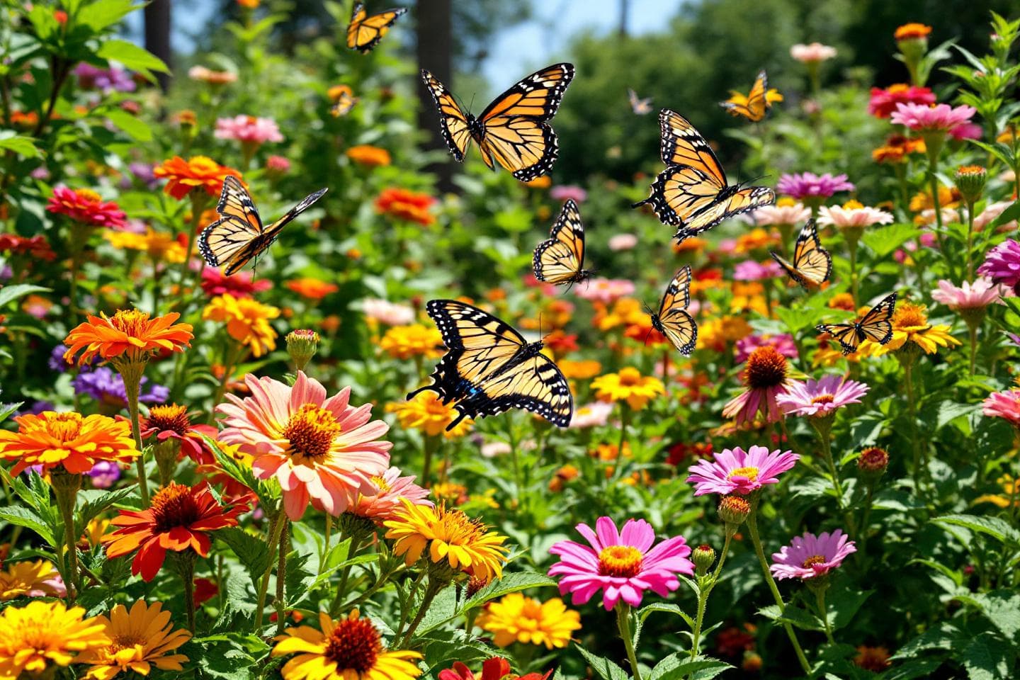 Monarch butterfly on purple coneflowers in a backyard garden