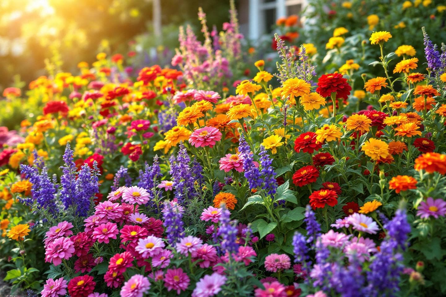 Colorful cottage garden border with petunias, marigolds and zinnias in full bloom