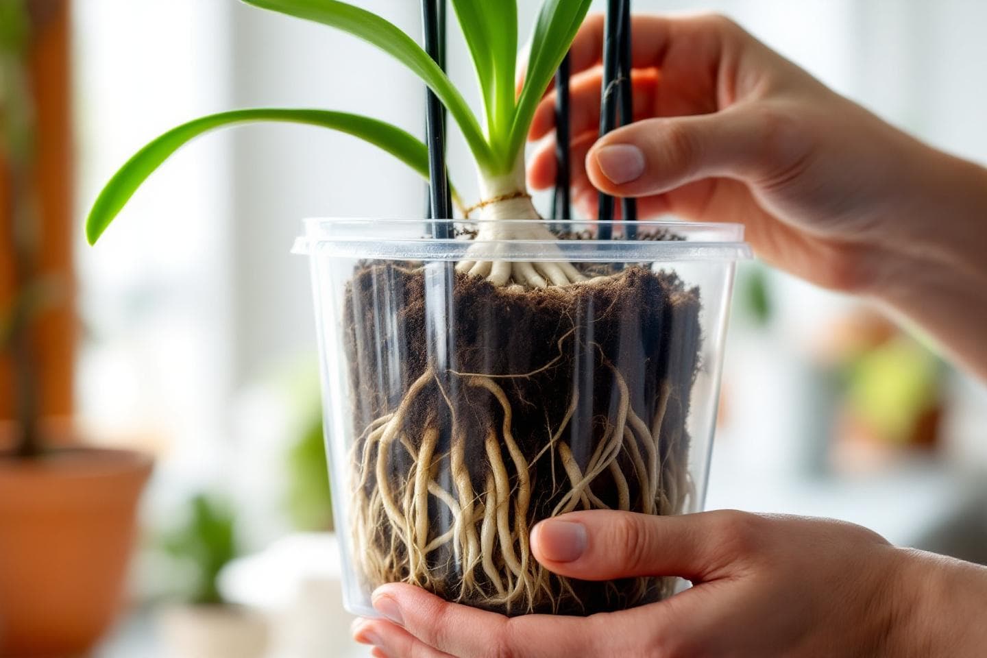 Hands checking the roots of a phalaenopsis orchid in a clear pot