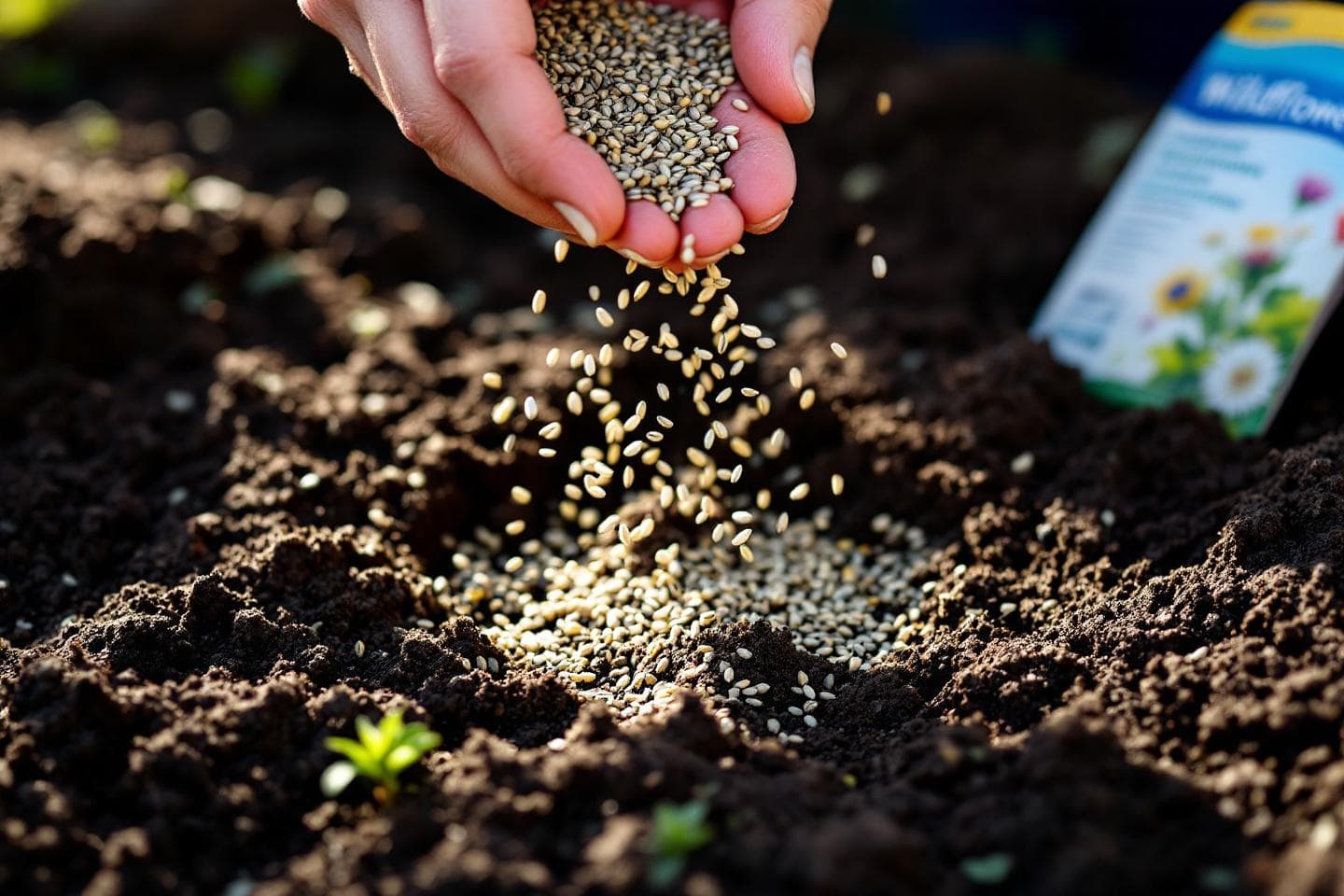 Hand scattering wildflower seeds over prepared soil