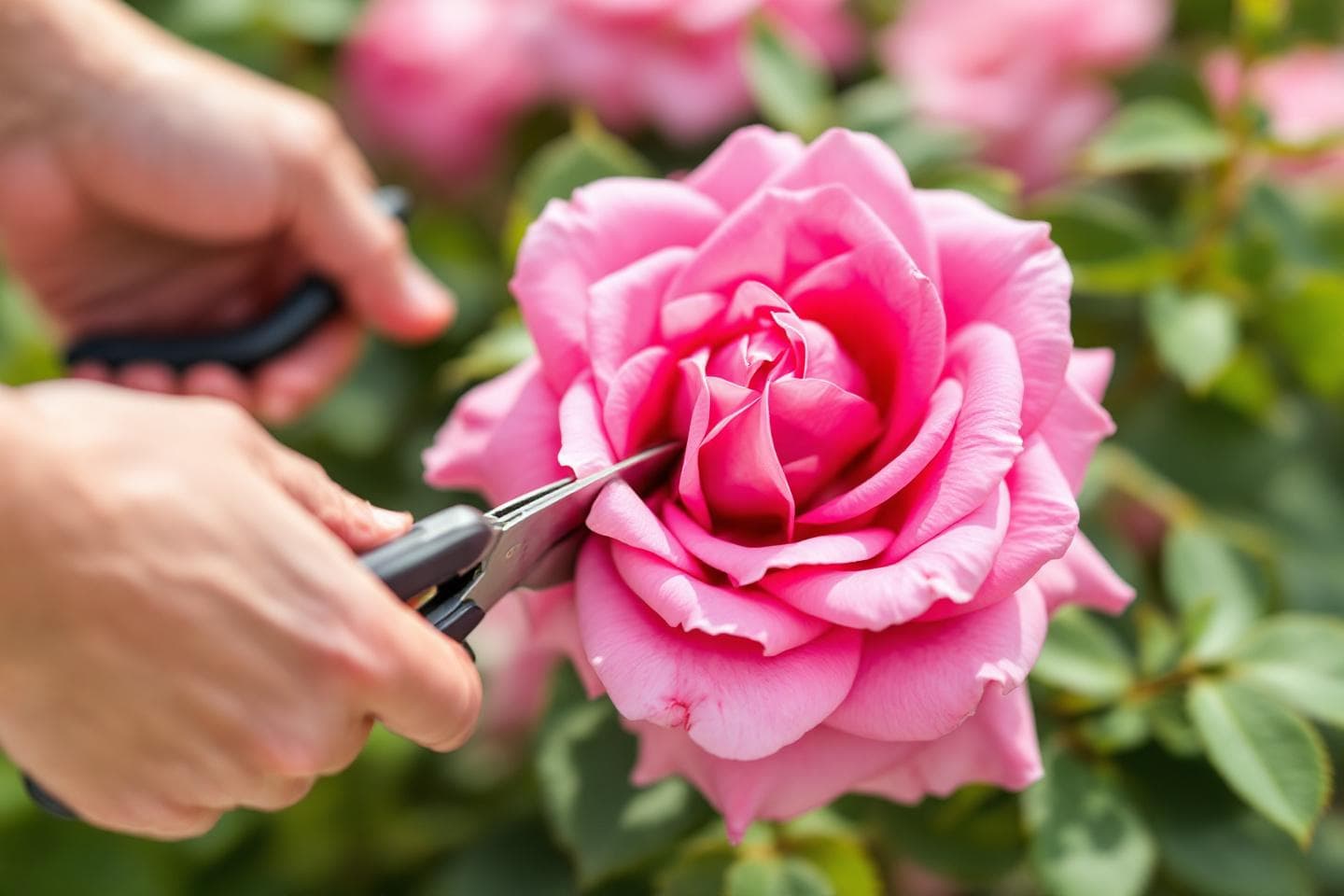 Hands using garden snips to remove a dead flower head from a rose bush