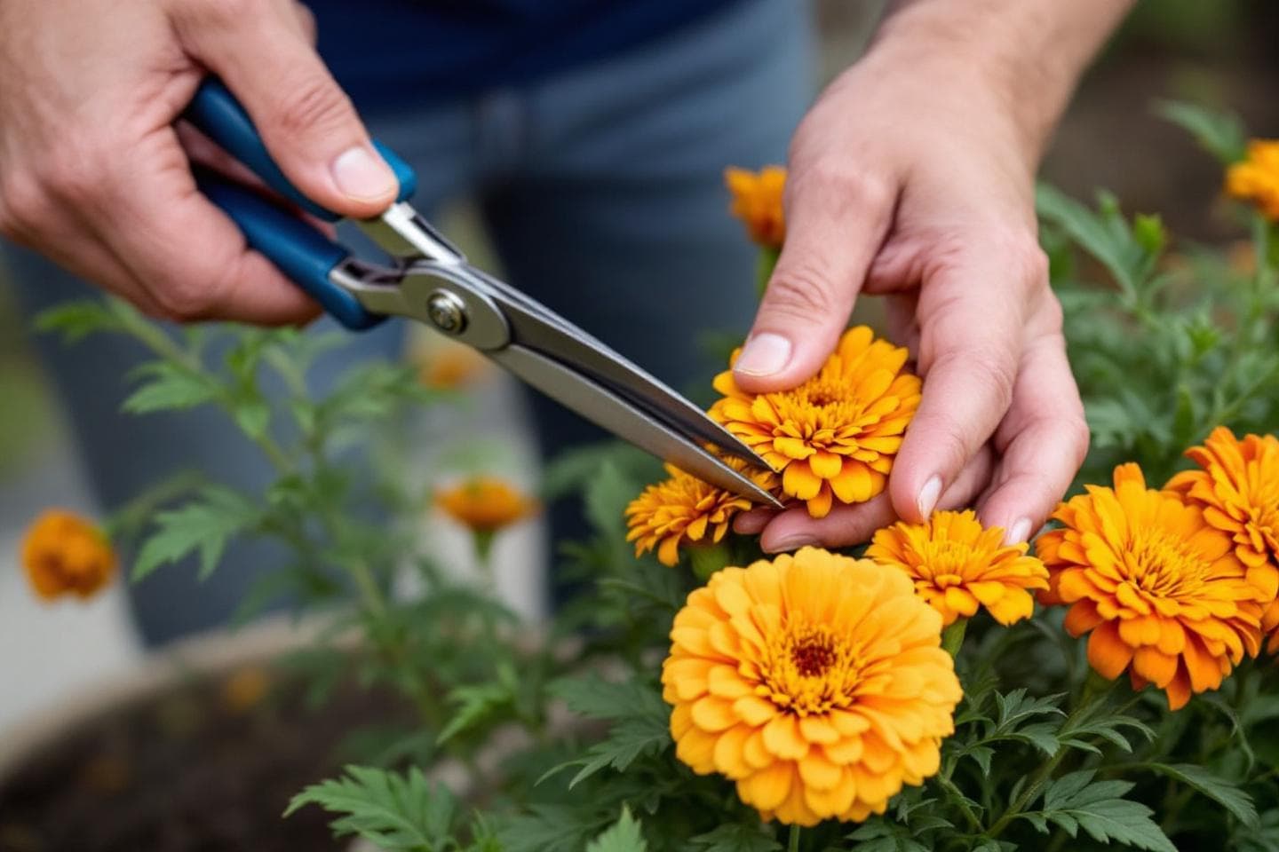 Hands deadheading spent rose blooms in a garden