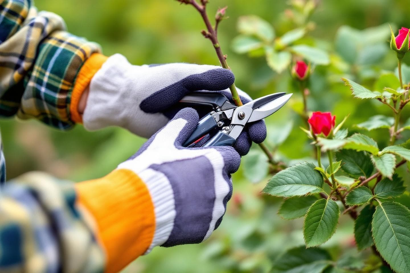 Hands pruning a rose bush with sharp pruning shears