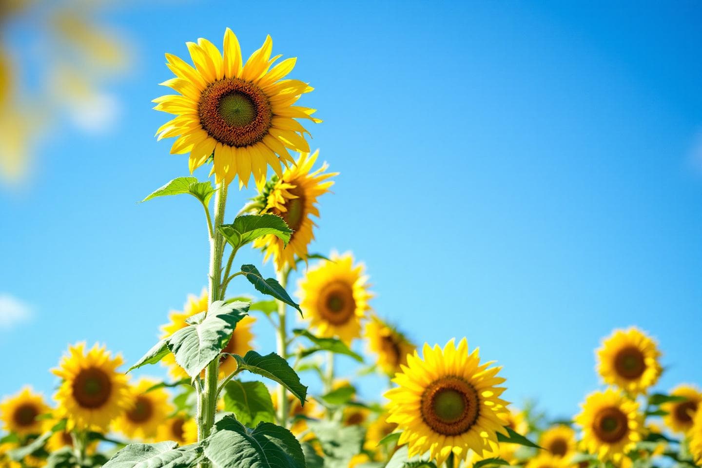 Field of bright yellow sunflowers against blue sky