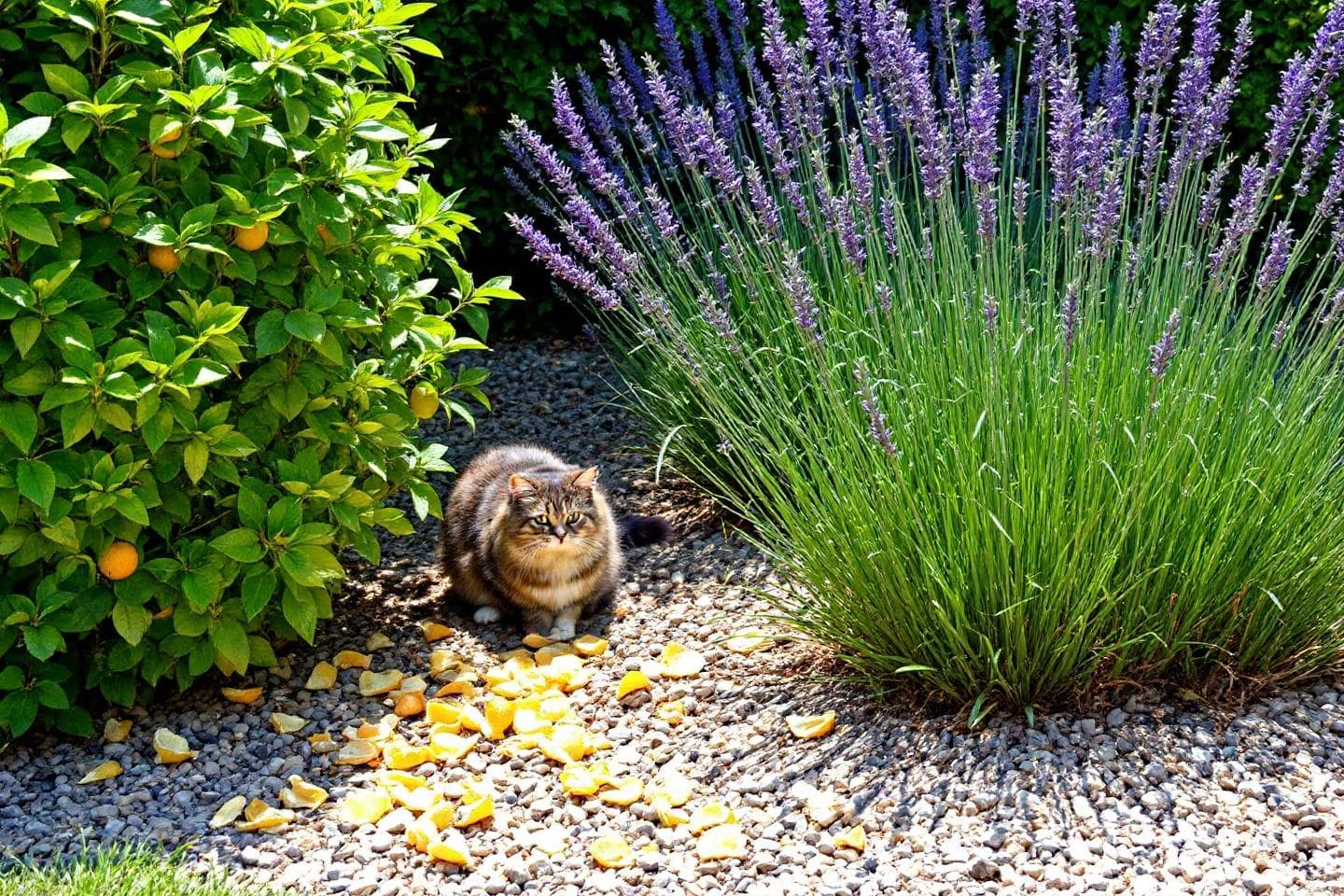Cat looking displeased near lavender and citrus peels in garden