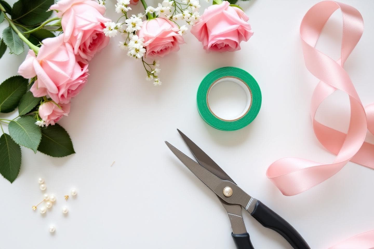 Corsage-making supplies on a craft table with spray roses, ribbon, and floral tape