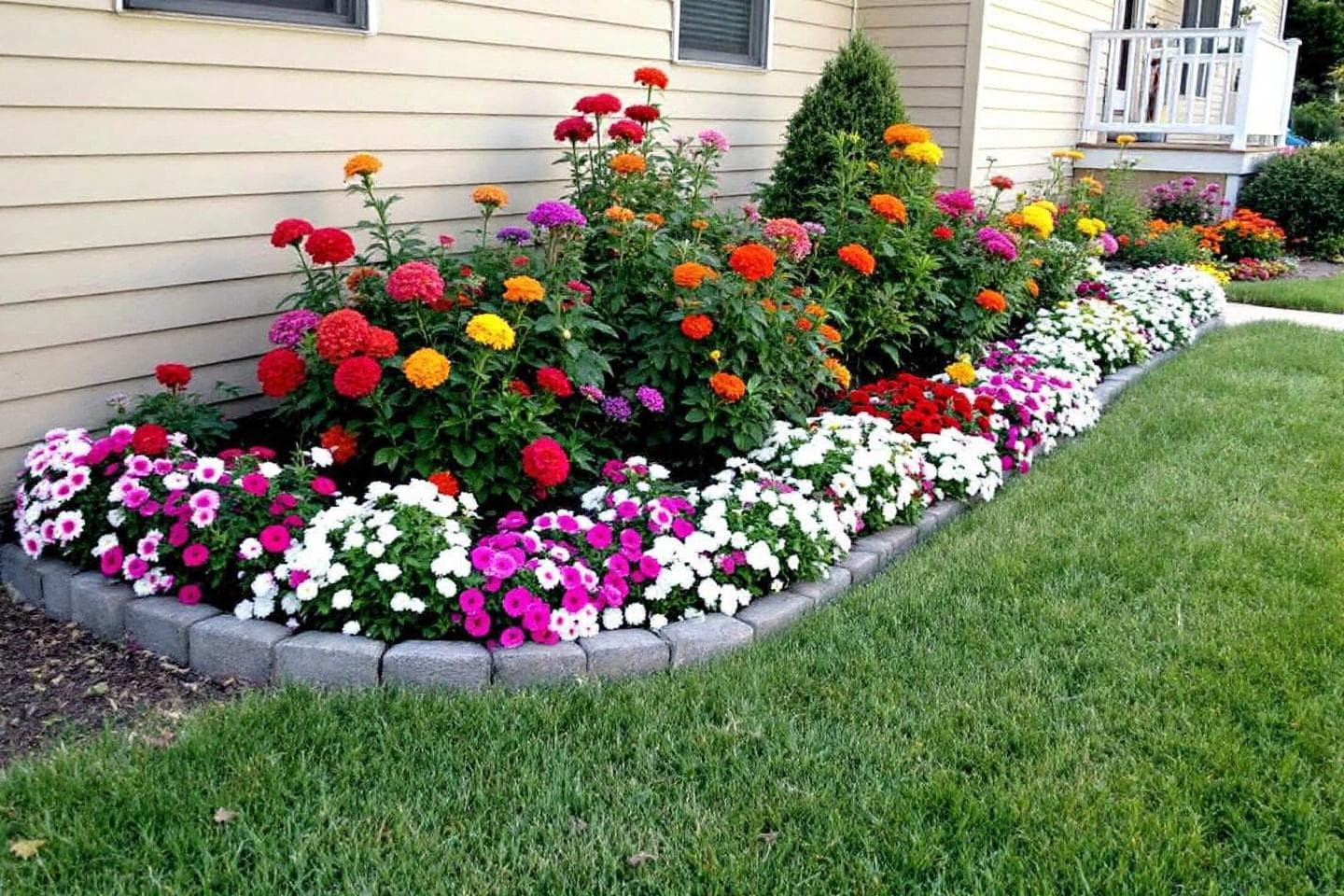 Colorful curved flower bed with zinnias and petunias along house foundation