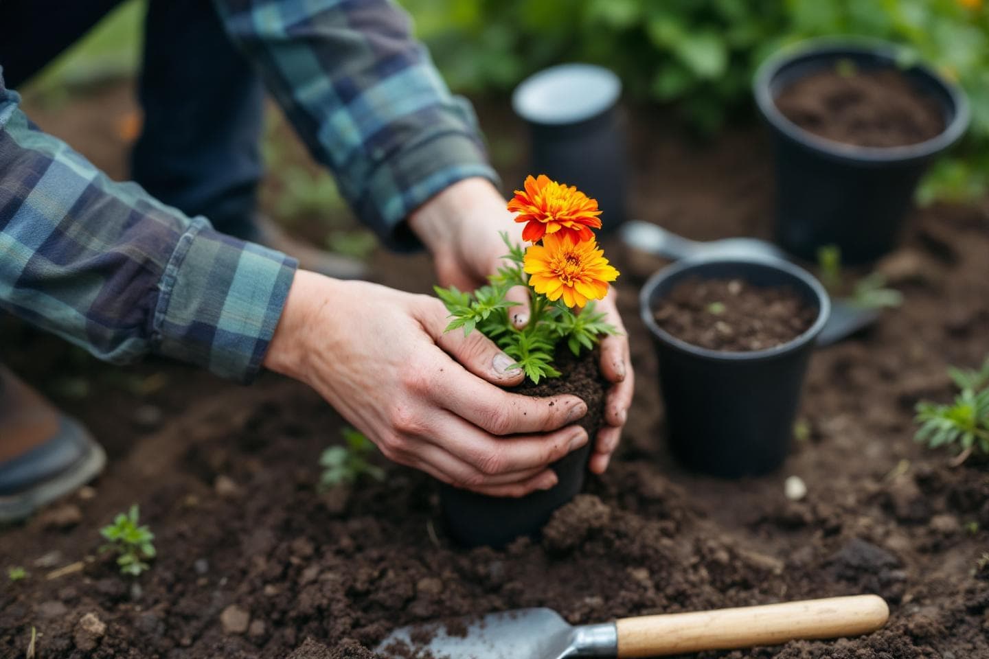 Hands planting orange marigold flowers with garden trowel