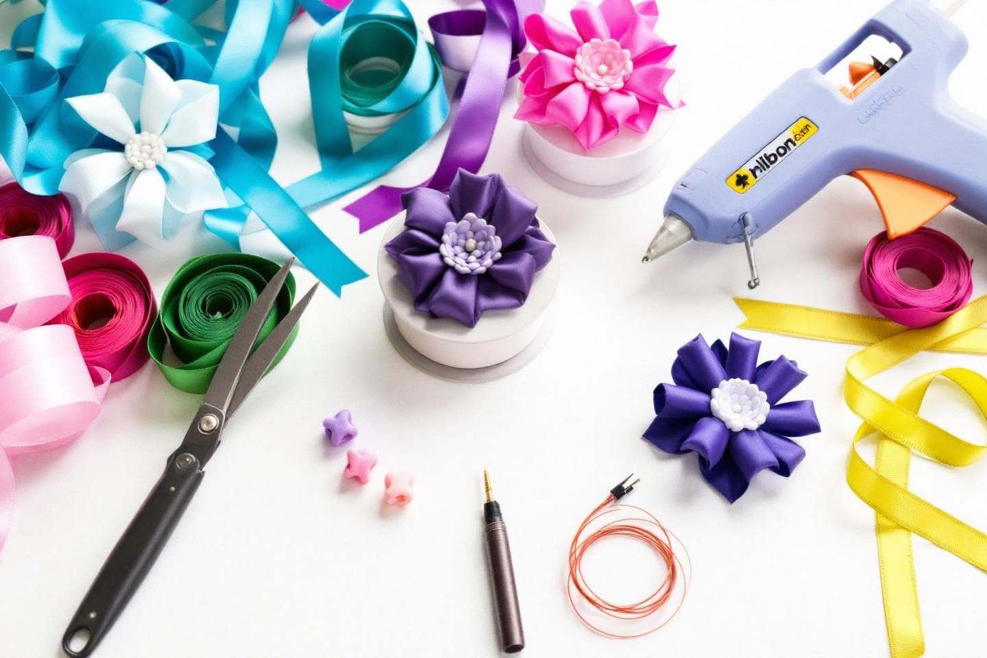 Ribbon flower supplies including spools, scissors, and hot glue gun