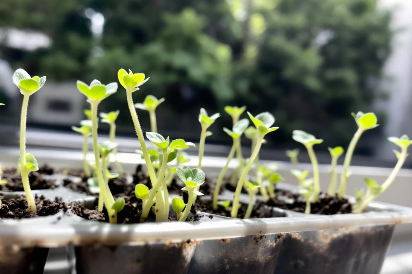 Young flower seedlings growing in tray on sunny windowsill