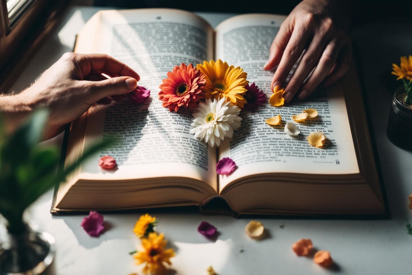 Hands placing flowers in an open book for pressing