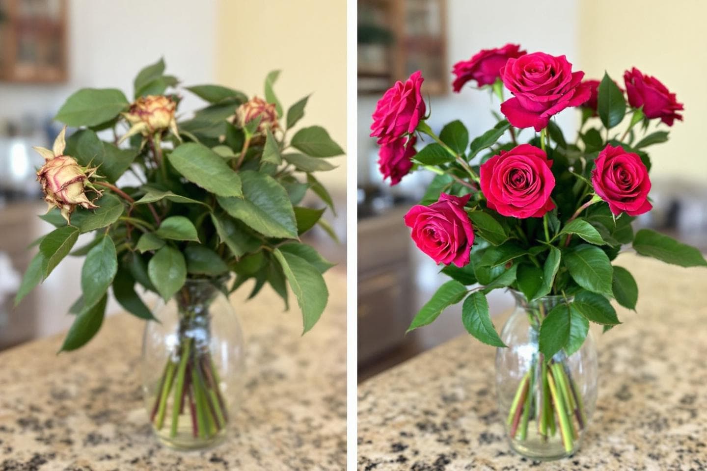 Before and after comparison of wilted and revived roses