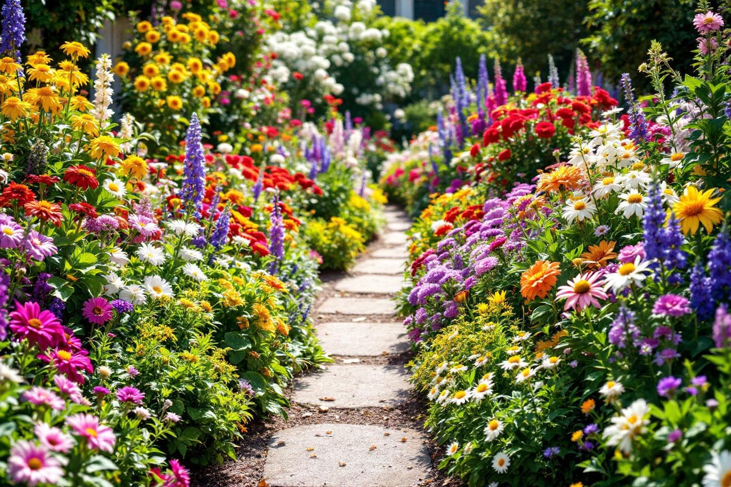 Beautiful cottage flower garden with path and colorful blooms