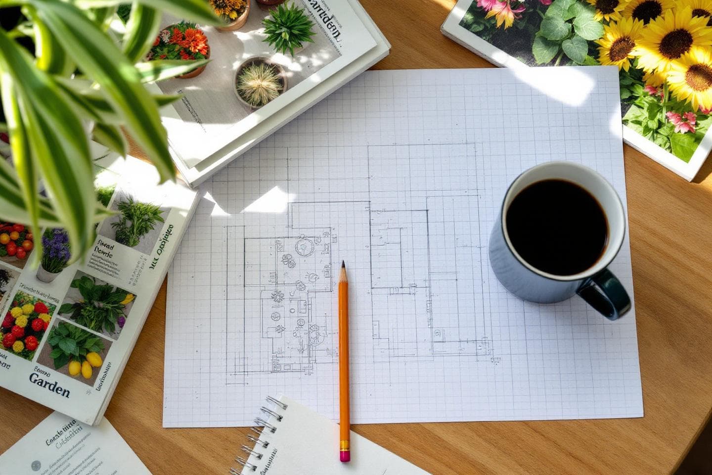 Garden planning with graph paper and seed catalogs on table