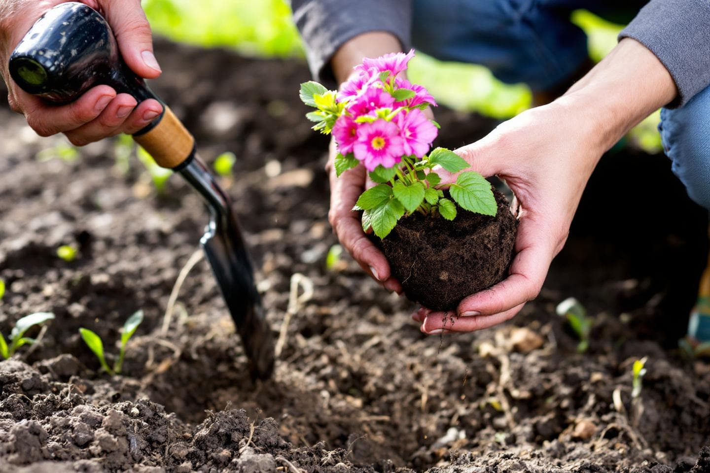 Hands transplanting a flowering plant into garden soil