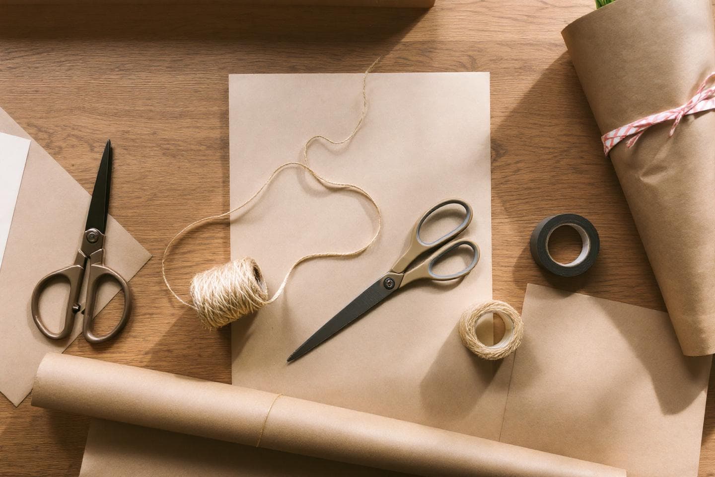 Bouquet wrapping supplies including scissors, twine, and kraft paper