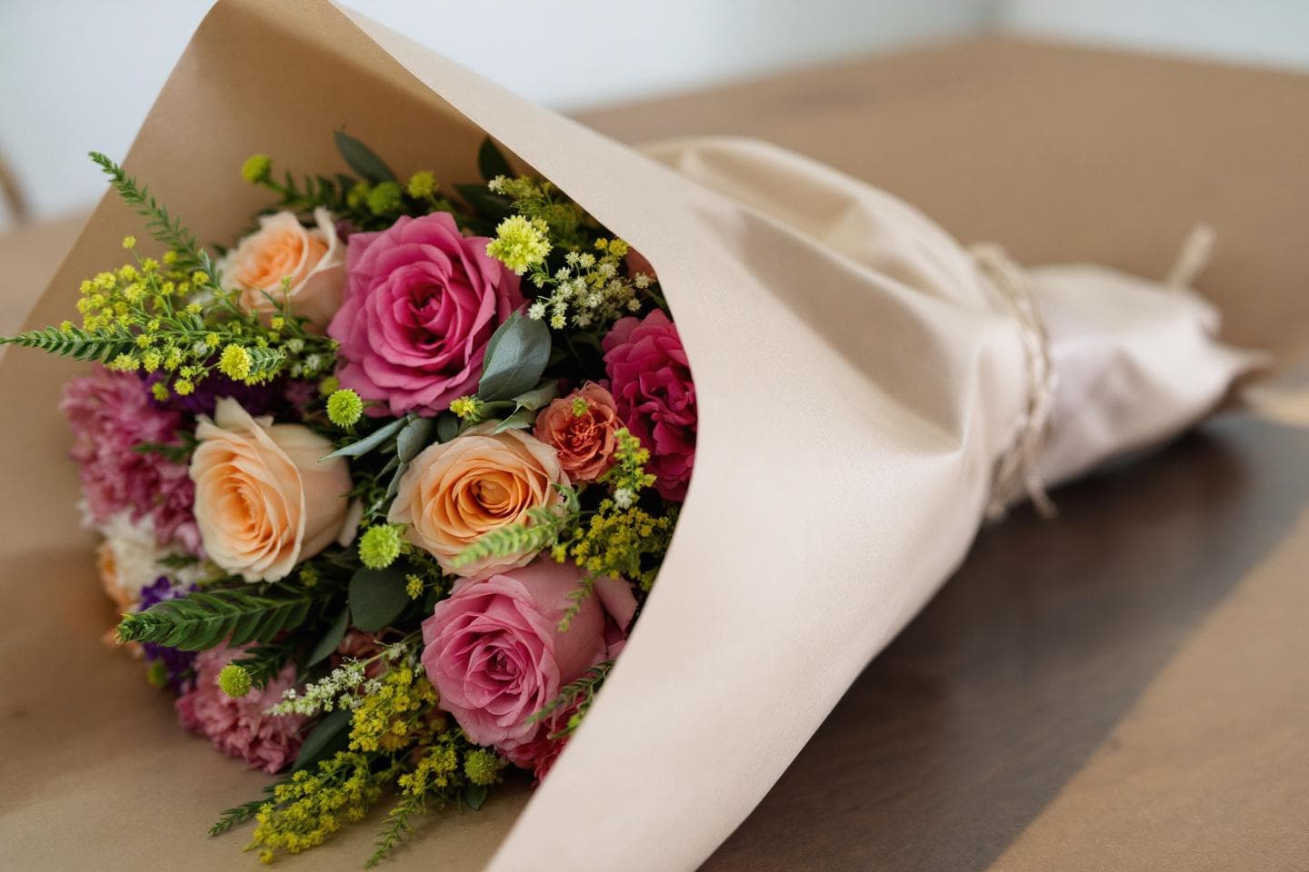 Beautifully wrapped flower bouquet with kraft paper and twine