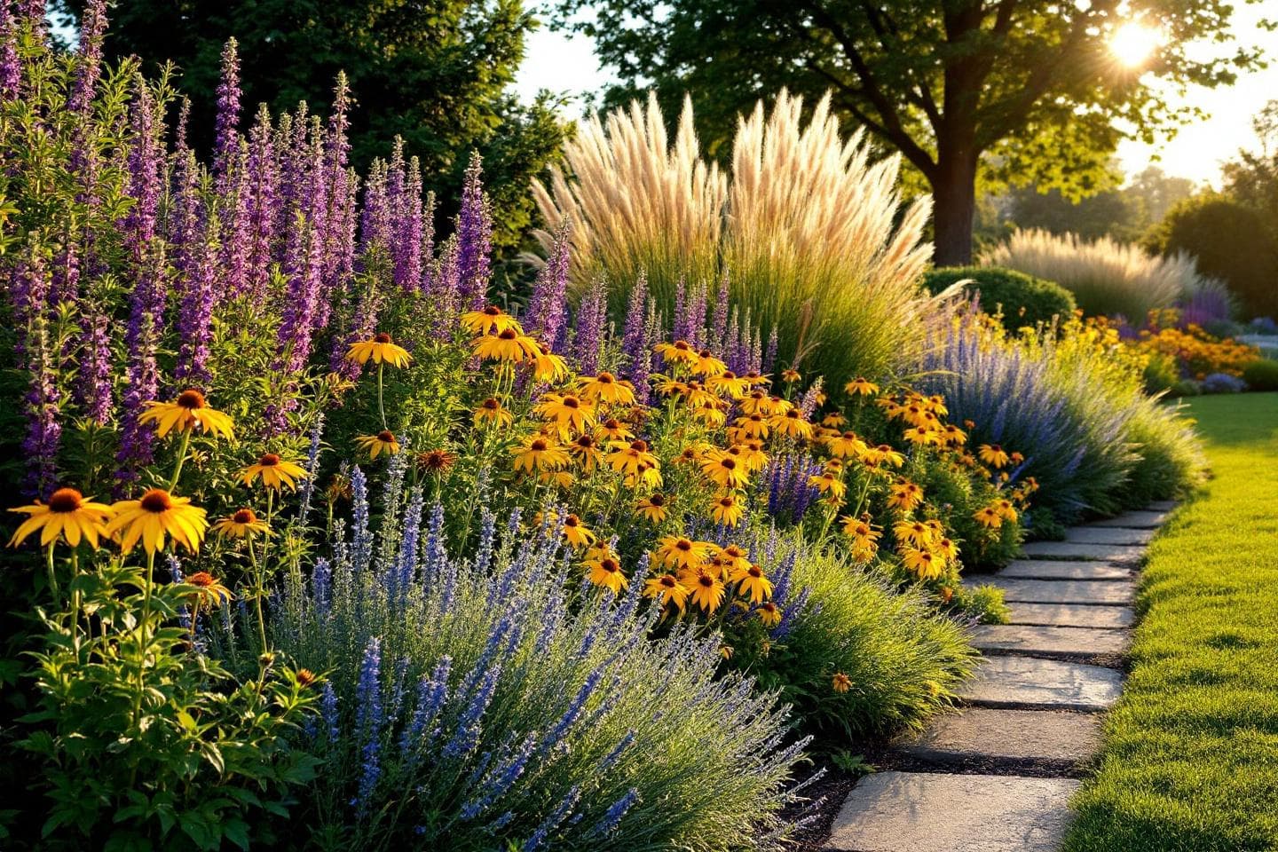 Established perennial garden bed with hostas, daylilies, and black-eyed susans