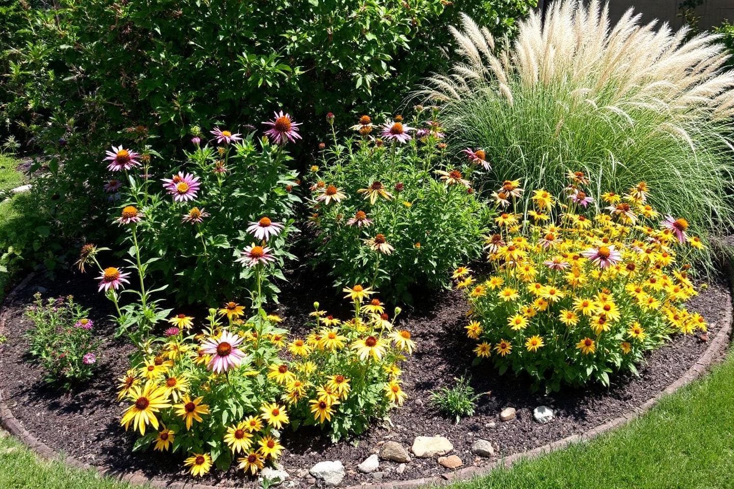 Beautiful perennial flower garden with coneflowers and black-eyed susans