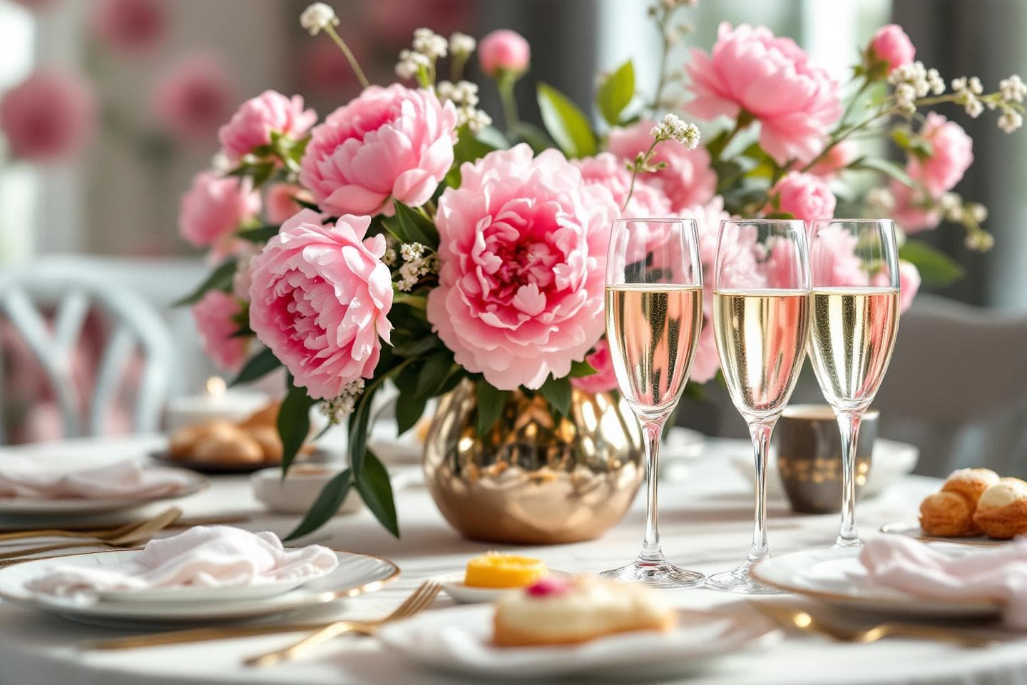Mothers day brunch table setting with pink peony arrangement centerpiece