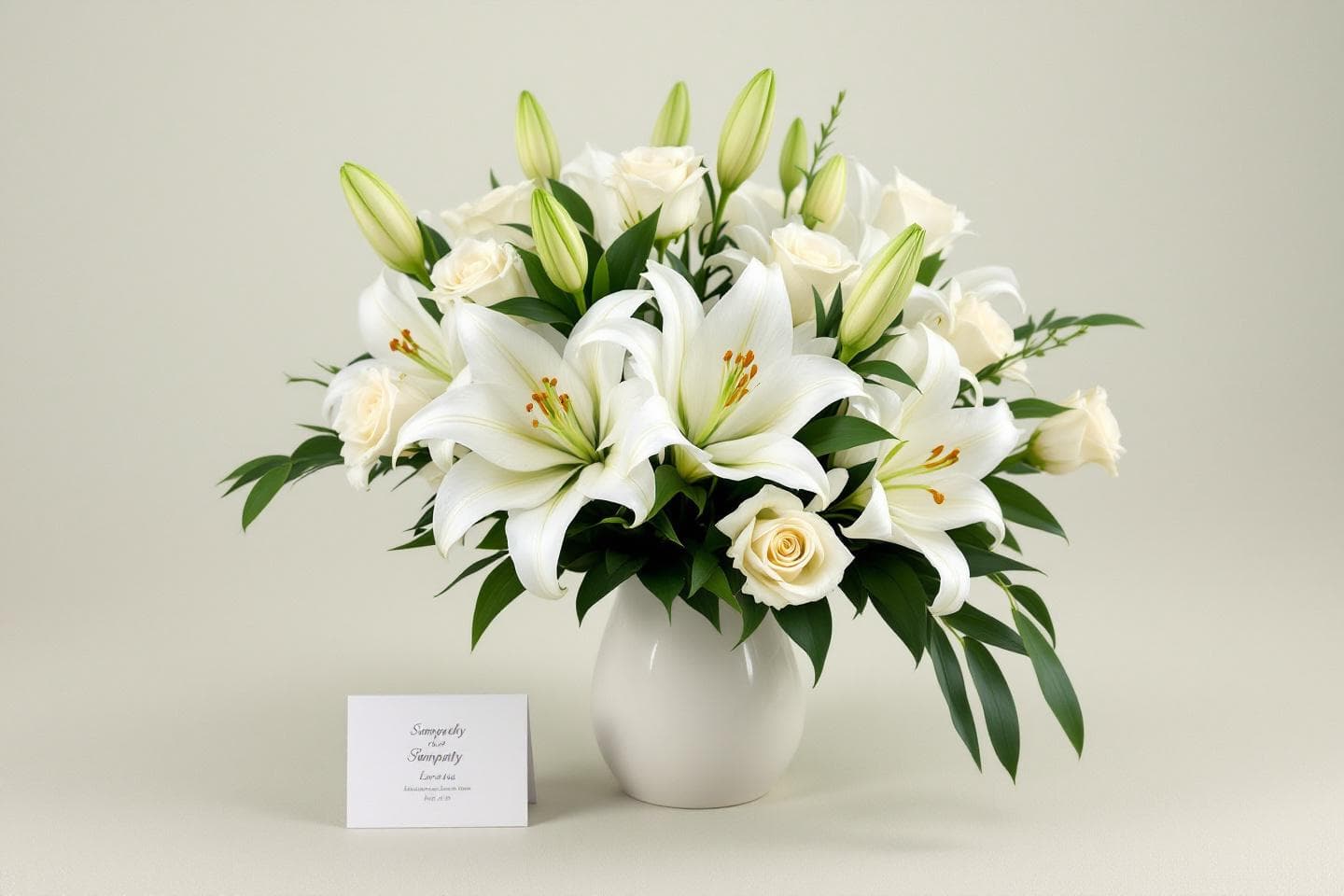 Simple white lily arrangement in a ceramic vase with sympathy card