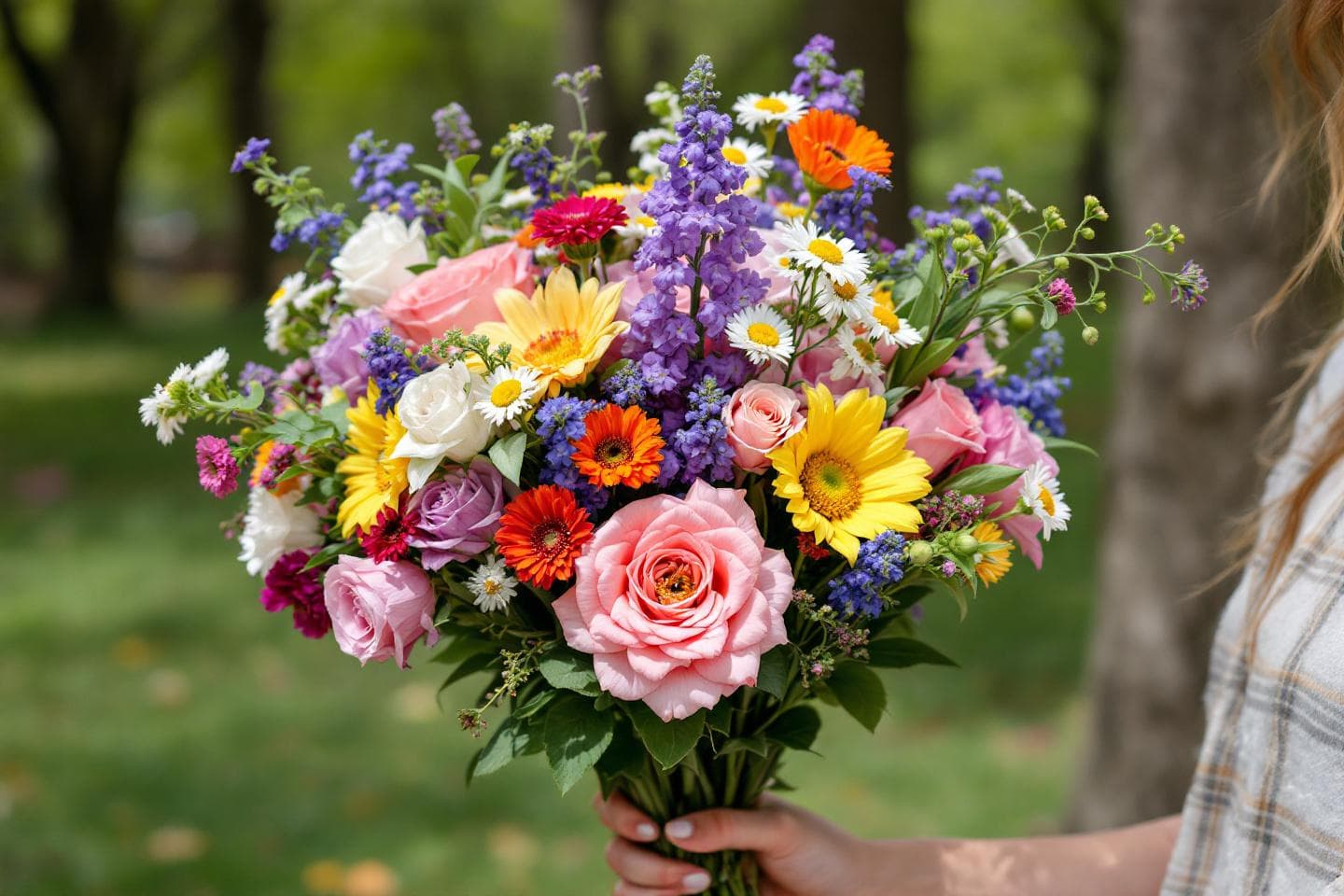 Woman holding colorful spring flower bouquet outdoors in park