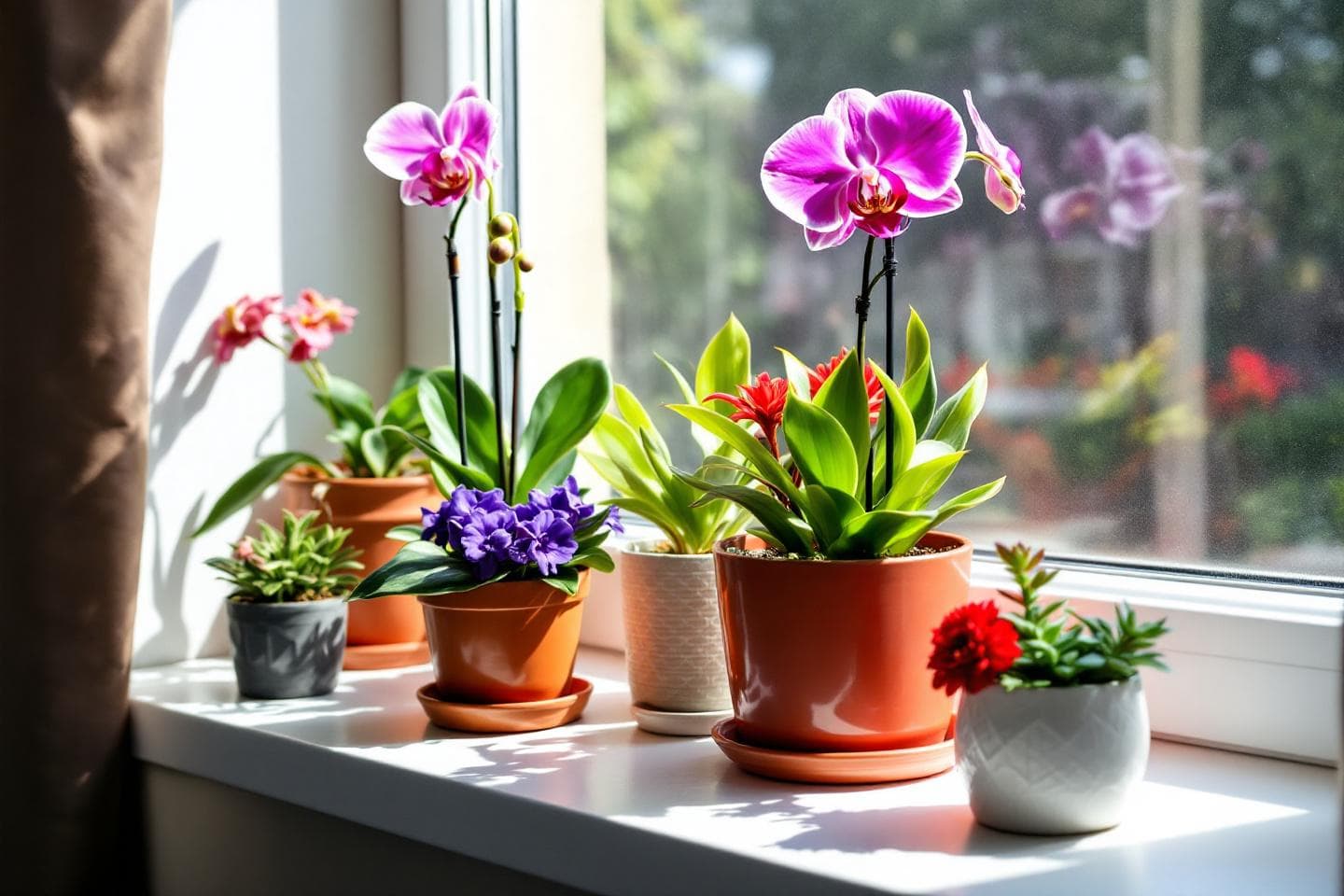 Windowsill with potted flowering plants including african violet, peace lily, and kalanchoe