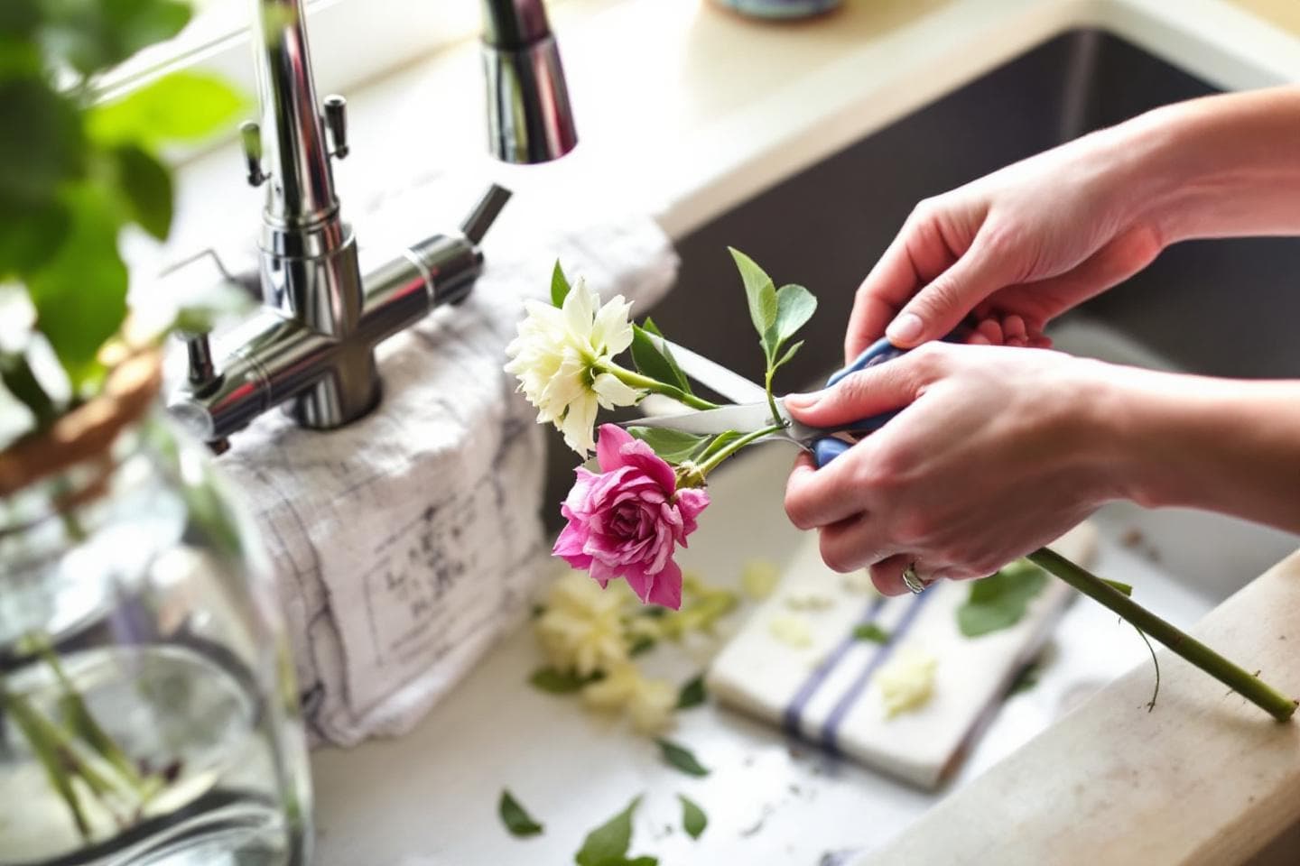 Hands trimming flower stems with scissors over a sink