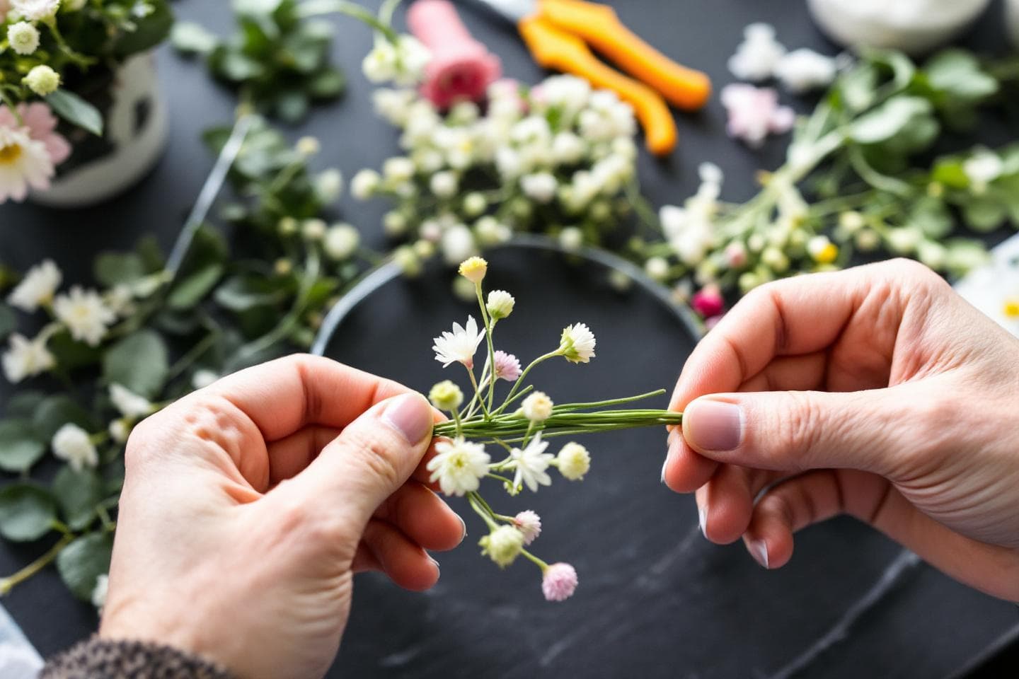 Hands weaving flowers together with floral wire to make a crown