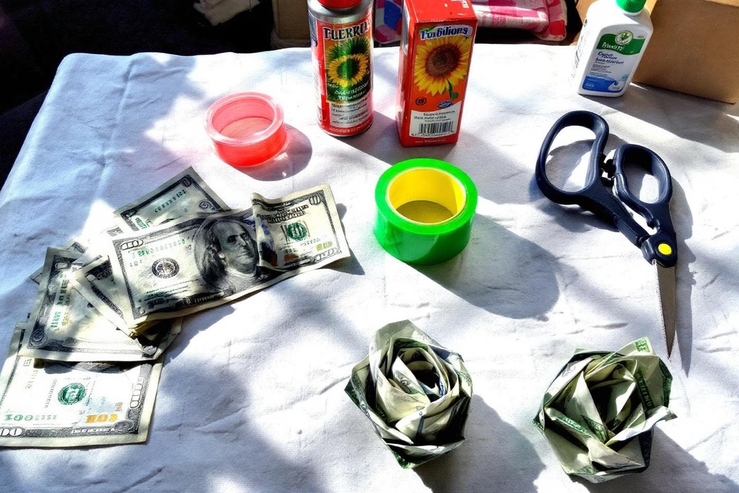 Money flower supplies: dollar bills, floral tape, and scissors