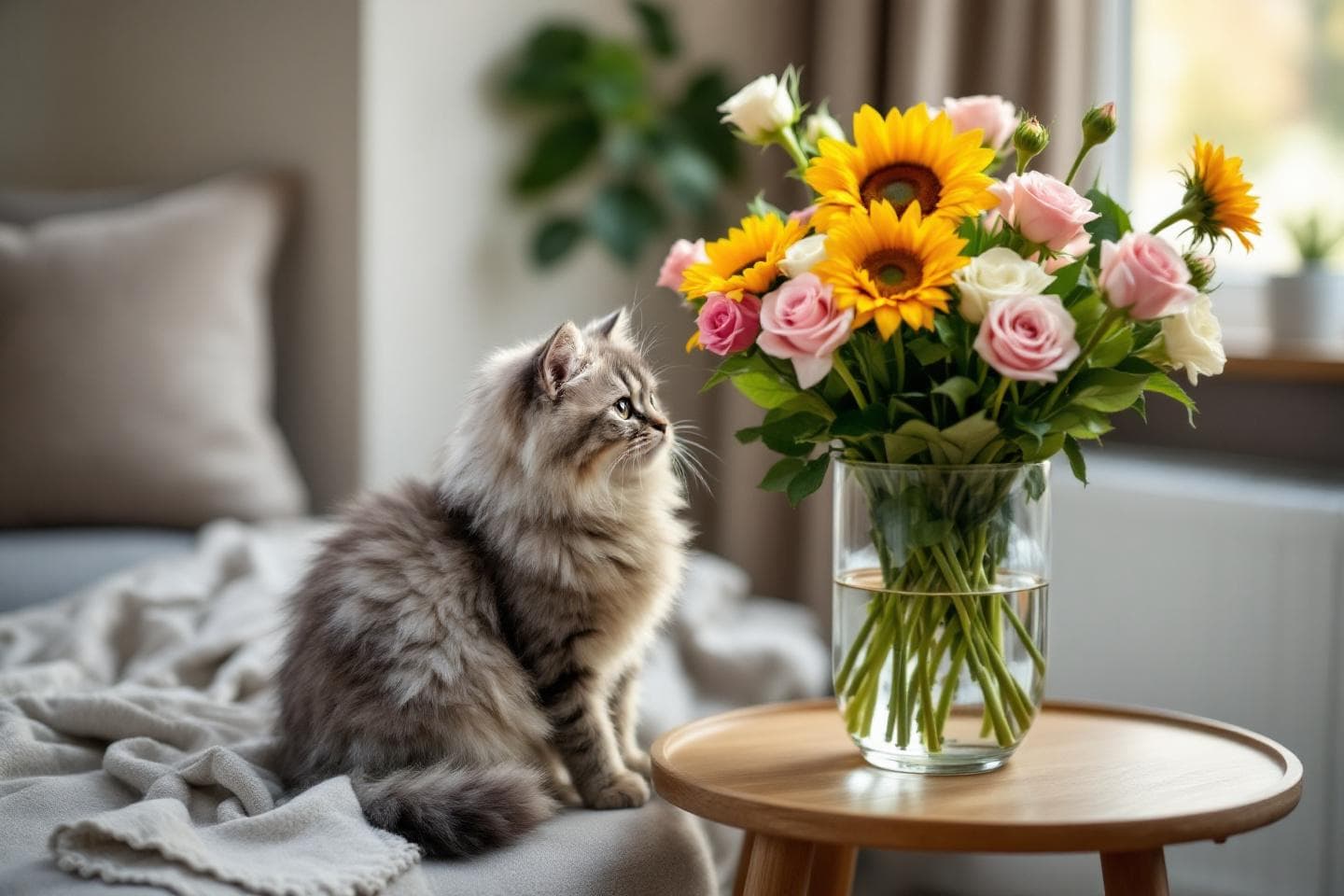Cat sitting near a vase of pet-safe flowers in living room